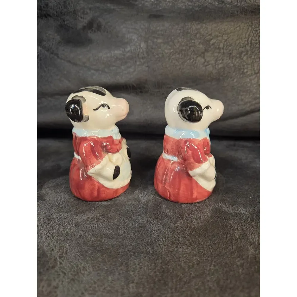 Vintage Anthropomorphic Cow Salt and Pepper Shakers Red Dress Blue Apron Ceramic